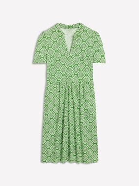 Boden EUC Short Jersey Green White Patterned Midi Dress Cotton Blend Summer 14R